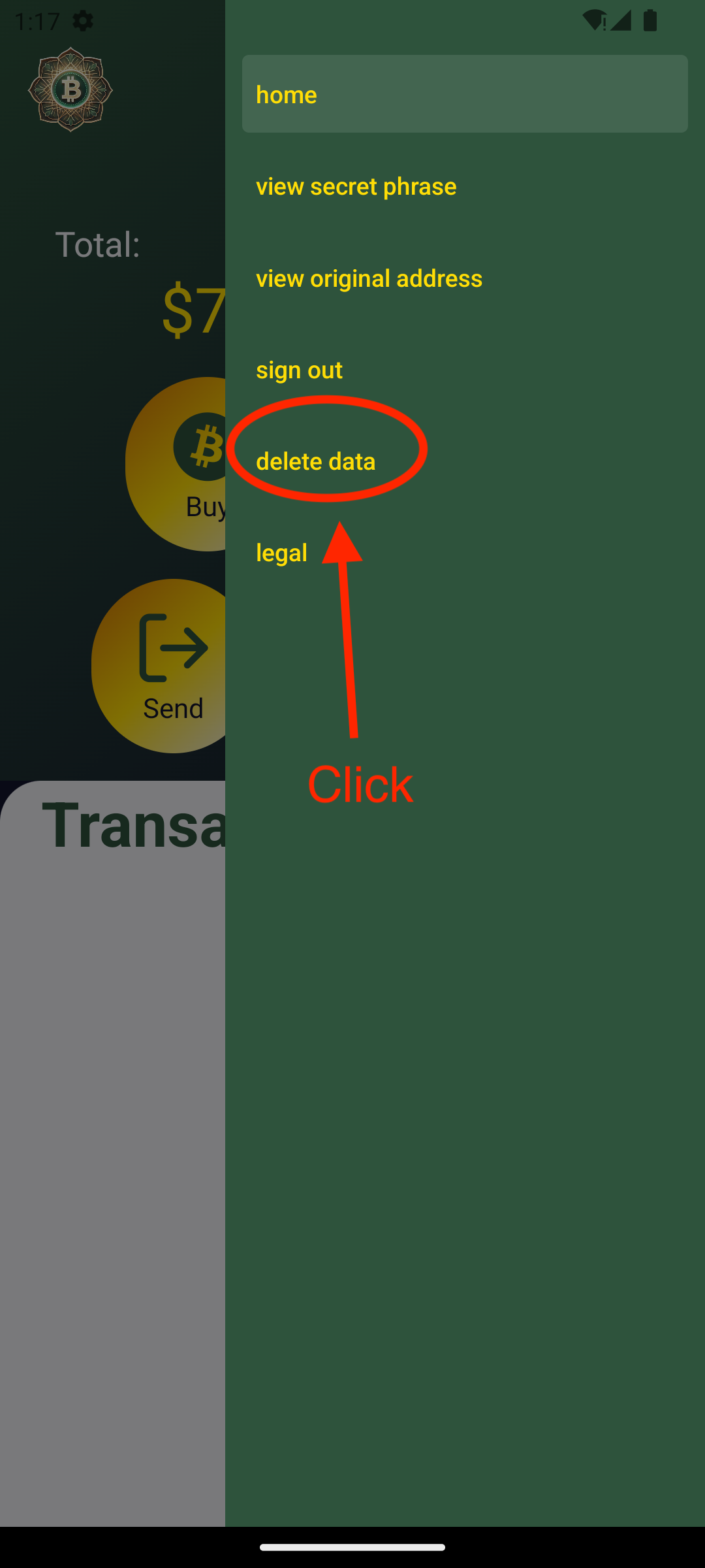 Delete data option in menu