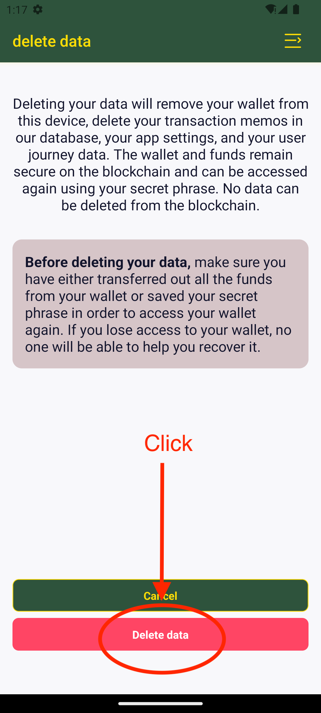 Delete confirmation screen